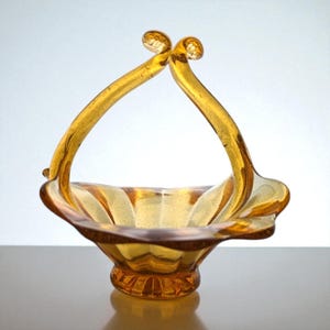 Vintage Amber Art Glass Basket | Hand Blown Glass Candy Dish | Mid Century Modern Decor