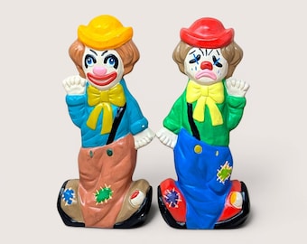 Vintage Clown Coin Bank Pair, Ceramic Laughing and Crying Figurine Set