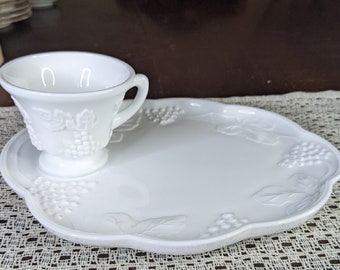 Colony Harvest Grape White Milk Glass Footed Cup & Saucer Set 