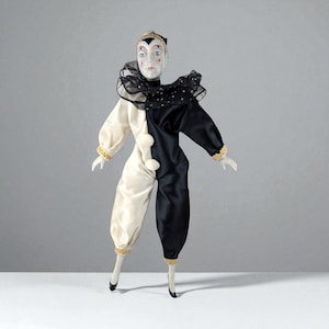 Vintage Harlequin Doll, Black and White Clown Doll, Porcelain Doll, Collectible Doll, 15 Inch Doll, Gift for Doll Collector