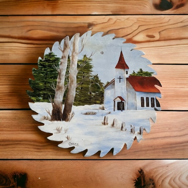 Vintage Hand-Painted Church Scene on Saw Blade, Signed Artwork