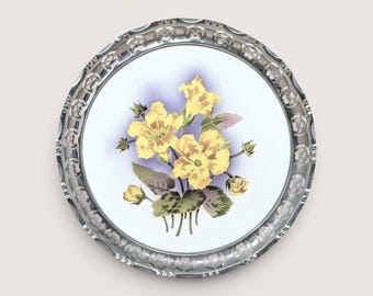 Antique Floral Porcelain Tray with Silver Pierced Metal Edge BMF Germany