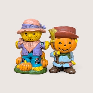 1970s Handpainted Ceramic Scarecrow Jack O Lantern Halloween Figures