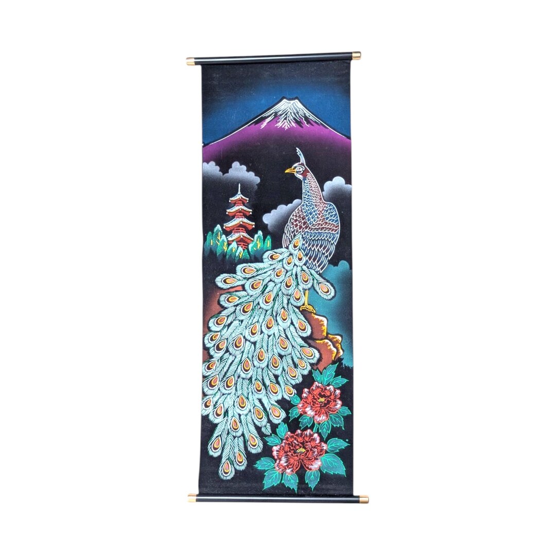 Vintage Japanese Scroll Mount Fuji Peacock Velvet Handpainted Wall Art ...