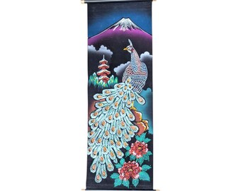 Vintage Japanese Scroll Mount Fuji Peacock Velvet
