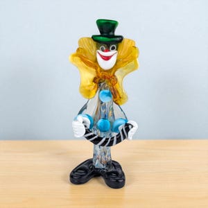 Vintage Handmade Art Glass Clown Figurine, 10 Inch Tall Colorful Jester Statue, Collectible Circus Themed Glass Decor Accent Gift