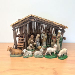 Vintage Sears Nativity Set, 3297890, Wooden Manger, Christmas Holiday Display, Collectible Christian Decor