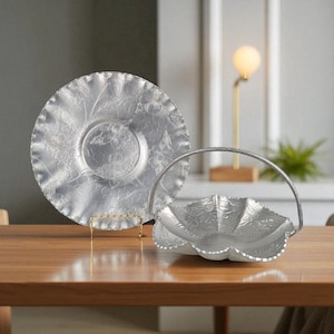 Vintage Hand Wrought Aluminum Serving Tray & Plate Set: Floral Design