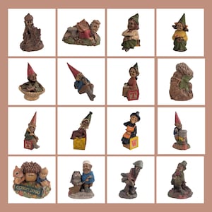May include: A collection of miniature garden gnome figurines in various poses. Each gnome is uniquely designed, featuring pointed hats, detailed clothing, and accessories. The figurines are in shades of brown, green, red, and yellow.
