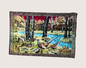 Pheasant Wall Tapestry 1970s Woven Fabric Traditional Rustic Decor