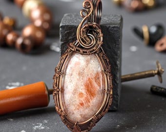 Sunstone Copper Wire Wrapped Pendant Handmade Oxidized Boho Gemstone Jewelry
