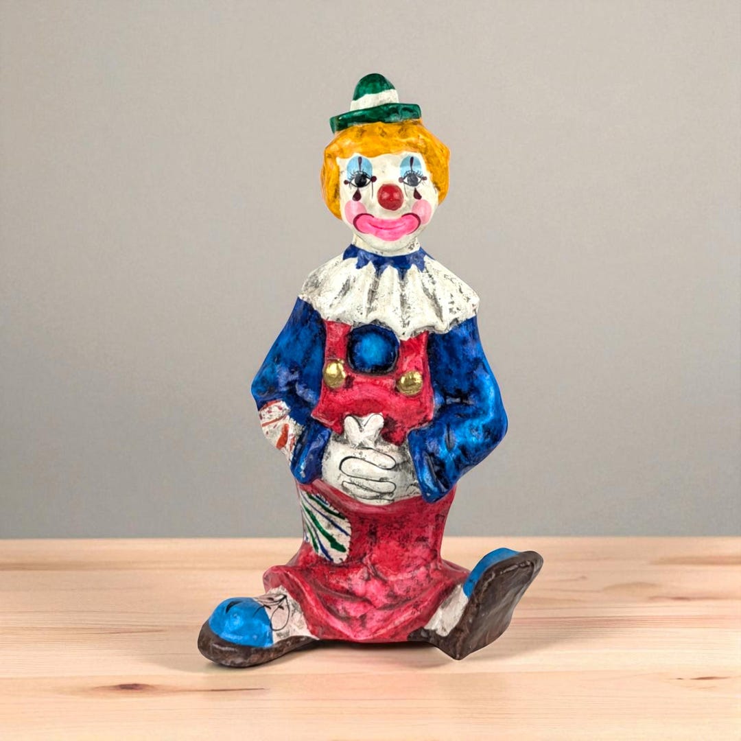 ヴィンテージ紙張りピエロの置物：12インチの手作りサーカス装飾