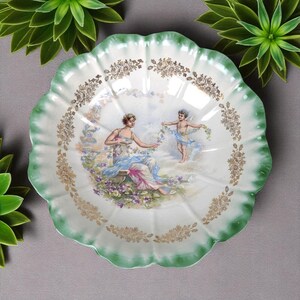 Vintage Dresden Porcelain Bowl: Woman and Angel Motif, Green & Gold Trim