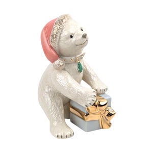 Vintage Lenox Christmas Cub Figurine: Ivory Porcelain Polar Bear with Gold Trim