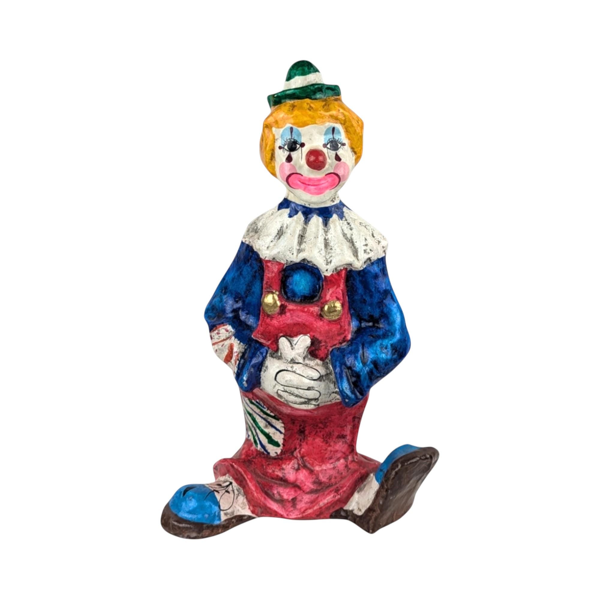 ヴィンテージ紙張りピエロの置物：12インチの手作りサーカス装飾