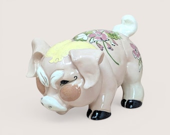 Vintage Kay Finch California Pottery Grumpy Pig Figurine Floral Handpainted