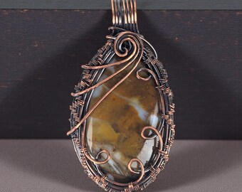 Copper Wire Wrapped Pendant, Agate Stone, Wire Weaving