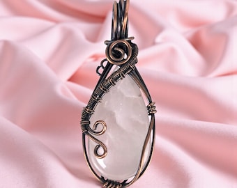 Wire Wrapped Rose Quartz Pendant, Antiqued Copper Teardrop, Handmade