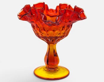 Vintage Fenton Amberina Glass Ruffled Thumbprint Pedestal Compote