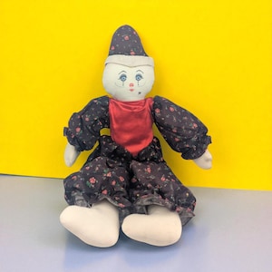 Vintage Handmade Cloth Clown Doll, 20 Inch Soft Fabric Jester Figurine, Collectible One of a Kind Folk Art Toy