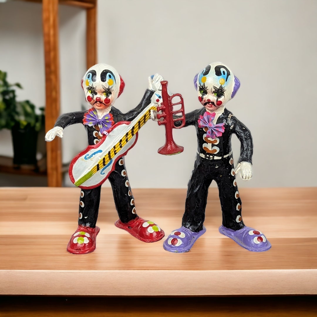 Vintage Mexican Paper Mache Clown Pair With Musical Instruments Etsy