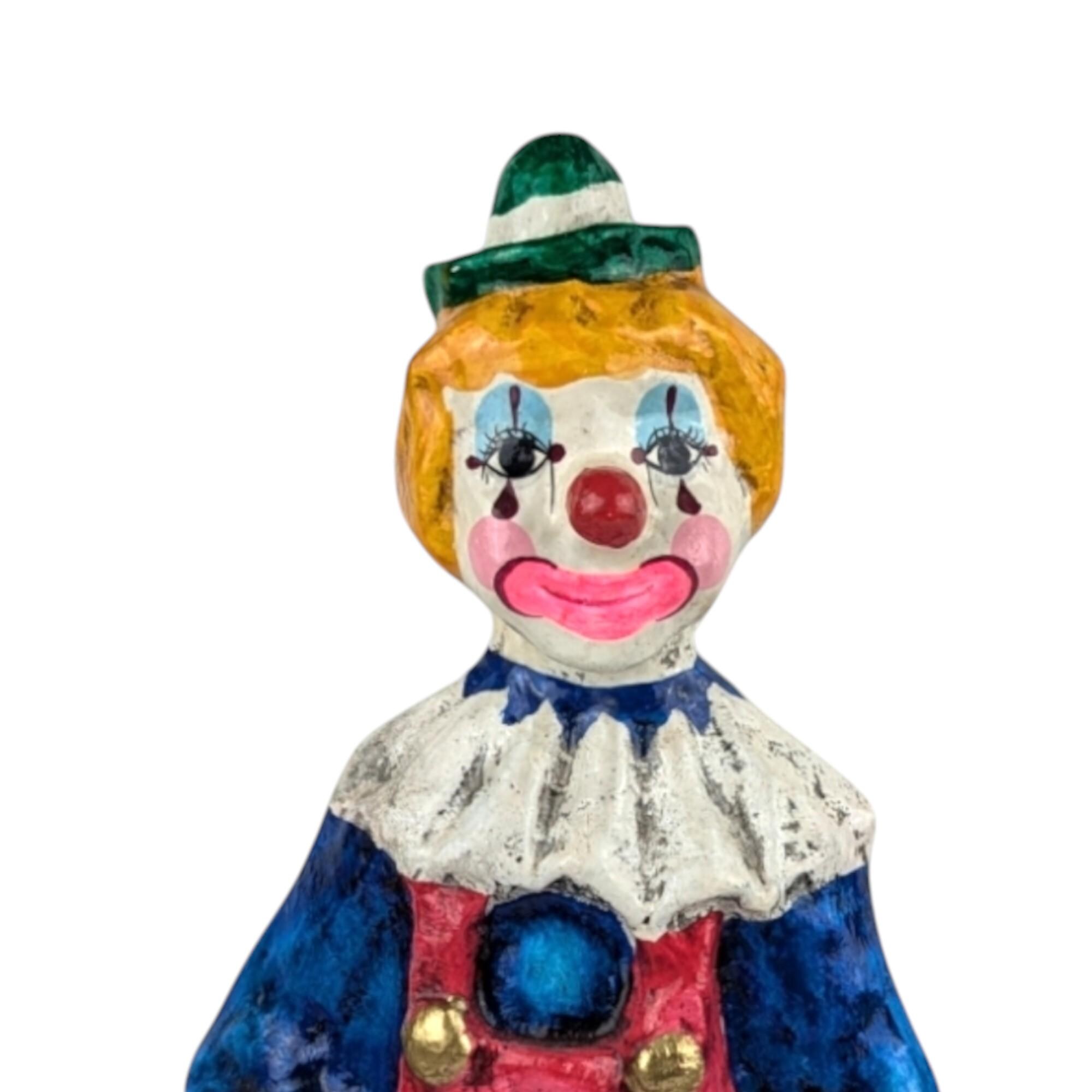 ヴィンテージ紙張りピエロの置物：12インチの手作りサーカス装飾