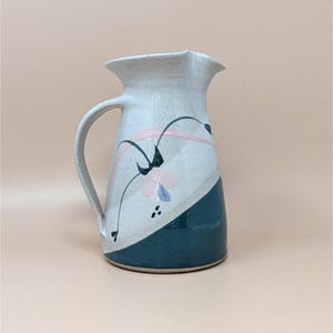 1980s Signed Studio Pottery Pitcher – Post-Modern Teal & Pink Earthenware