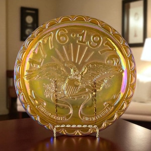 Vintage Indiana Glass Carnival Plate: US Centennial American Eagle Iridescent Decor