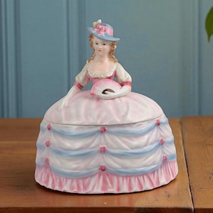 1980s Andrea by Sadek Powder Box — Vintage Pink Crinoline Lady Porcelain Spring Decor