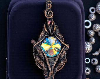 Handmade Copper Wire Wrapped Pendant with Crystal Rivoli Art Jewelry