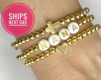 BESTSELLER Custom Nana Gold Beaded Bracelets, Gold Bead Stretch Bracelet, Grandmother gift