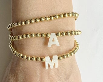 Custom Name Gold Beaded Bracelets • Gold Bead Mother of Pearl Bracelet • Initial Bracelets • Gold Bead Bracelet with Name  Personalized