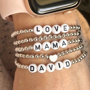 BESTSELLER Custom Name Silver Beaded Bracelets, Silver Bead Stretch Bracelet, Mothers Bracelets, Elastic Silver Bead Bracelet with Names