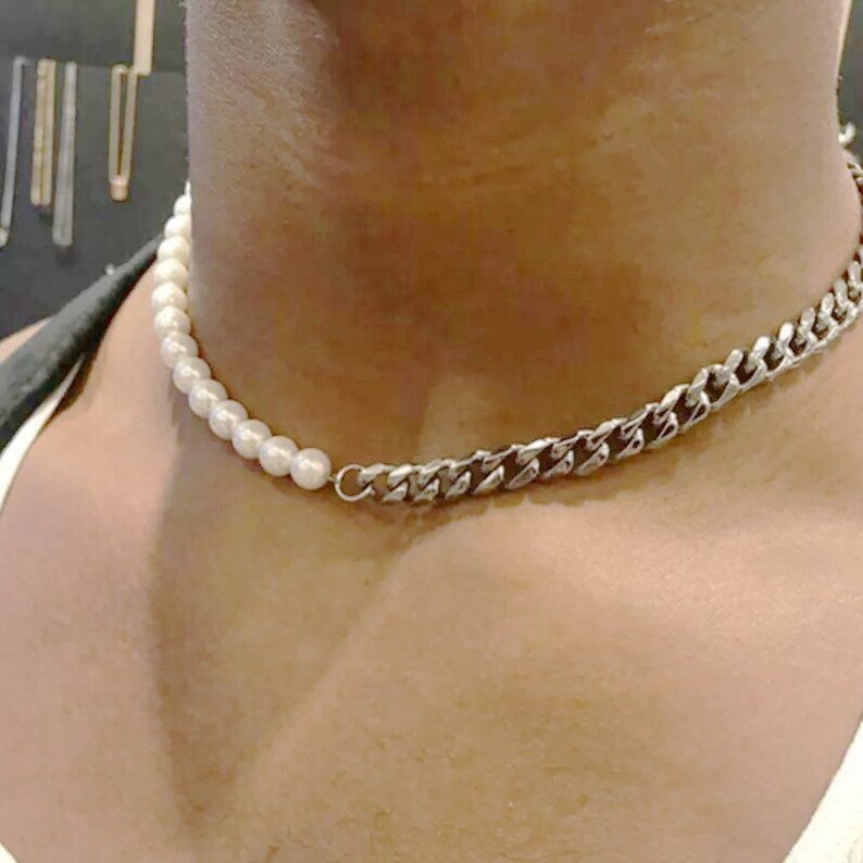 Half Silver or Gold Stainless Steel and Half Freshwater Pearl Necklace Choker. Unisex Necklace. Mens Woman Jewelry. 
