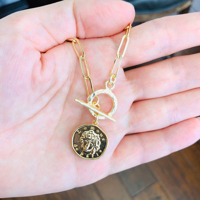 Gold Ancient Coin Necklace Gunmetal Necklace Rectangle Chain Etsy