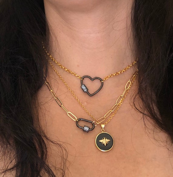 Gold Carabiner Necklace, Gold Heart Carabiner Necklace, Gold Chunky Necklace, Gold Rectangle Chain Necklace, Silver Rectangle Drawn Necklace