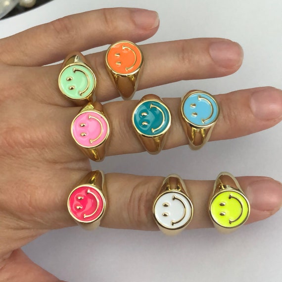 Adjustable 18K Gold Plated Smiley Face Ring Colorful Smiley Face