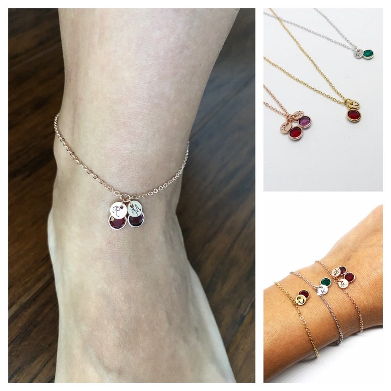Custom rose gold birthstone anklet with initials Personalized Etsy
