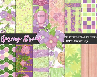 Spring Digital Papers, Spring Scrapbook Paper, Easter Planner Papers, Floral Seamless Patterns, Roses Flowers Backgrounds, Commercial Use