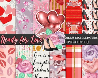 Valentine Digital Papers, Valentines Day Patterns, Romantic Planner Backgrounds, Love Seamless Pattern, Roses Scrapbook Paper, Romance Paper