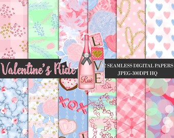 Papeles digitales del día de San Valentín, patrón romántico sin costuras, fondo digital planificador de amor, patrón de superficie de San Valentín, papel de libro de chatarra floral