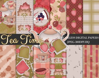 Tea Time Digital Papers Tea Party Backgrounds Strawberry Scrapbook Papers Tea Seamless Patterns Tea Strawberry Tea Cake Planner Backgrounds