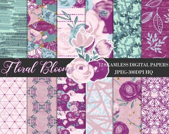 Purple Flowers Digital Paper, Floral Seamless Patterns, Planner Papers, Burgundy Floral Backgrounds, Watercolor Flowers Scrapbook Papers