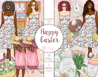 Happy Easter Clipart, Easter Planner Clipart, Spring Floral Planner Graphics, Fashion Girl Illustration, Bunny Chick Stickers Commercial Use