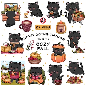Cute Fall Cats Clipart, Cat Character Clipart, Autumn Activities PNG Graphics, Fall Cozy Clip Art, Cozy Fall Cat Stickers, Instant Download