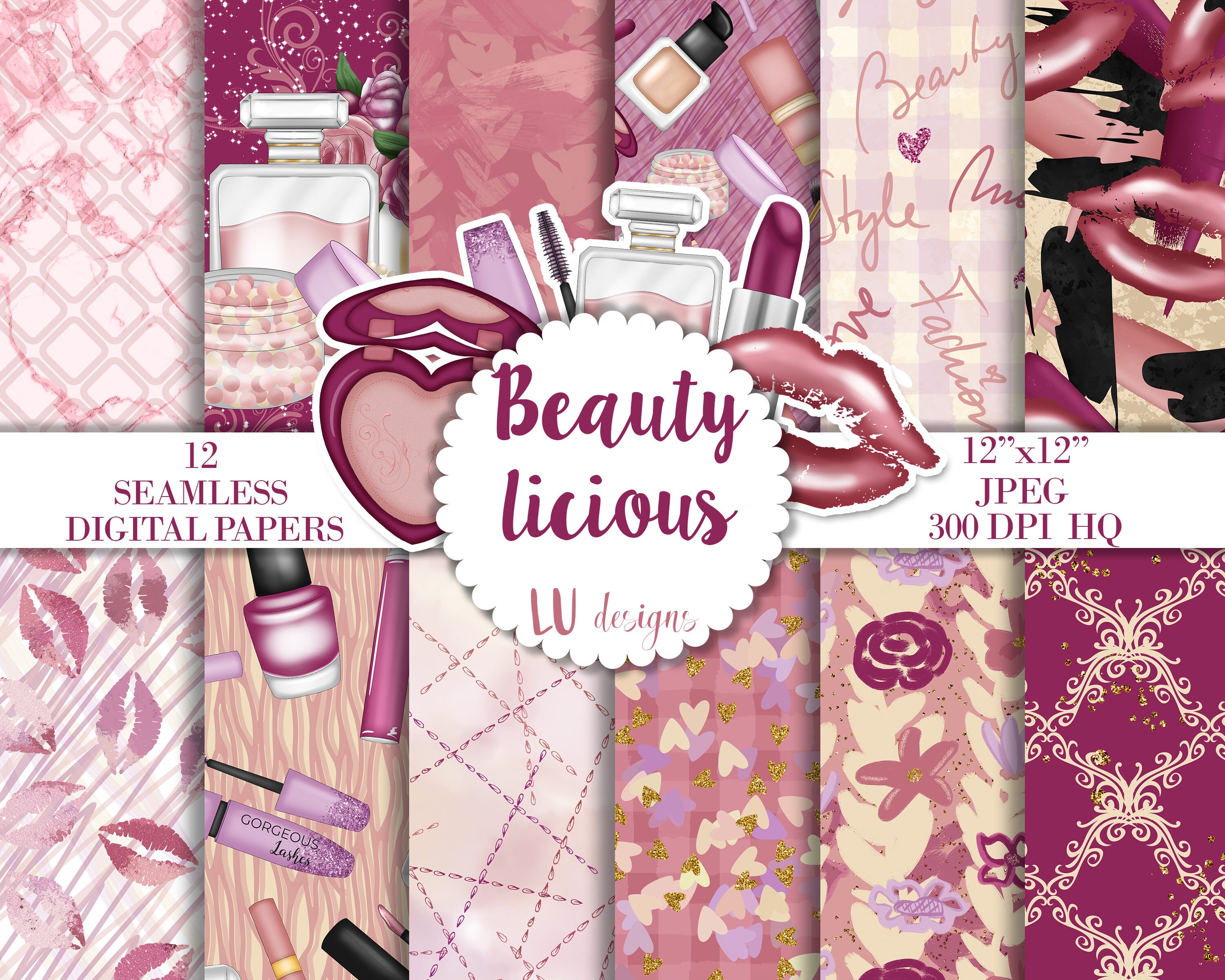 Makeup Digital Papers, Beauty Background, Glam Make Up Scrapbook Paper By  Lu Designs