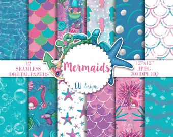 Mermaids Digital Papers Fish Scales Backgrounds Sea Life Seamless Patterns Mermaid Scrapbook Paper Summer Underwater Planner Surface Pattern