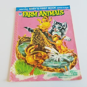 Vintage 1959 Whitman Baby&#39;s First Book Farm Animals, Non-Toxic Cloth Book, Wipes Clean, Retro Nursery Decor