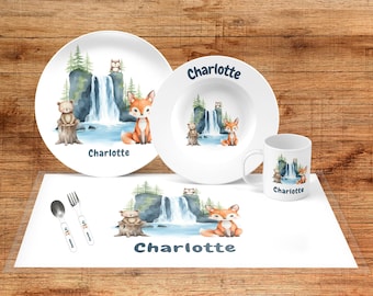 Personalized Baby Gift Dinner Set, Babyshower gift, Toddler personalized Breakfast Bowl, Woodland Animals Set, Custom child christmas gift