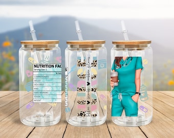 Nurse 16 oz Libbey Glass with Bamboo Lid and Straw, Nurse Beer Can Glass, Gift for Nurse, Affirmation Tumbler, Cute Nurse Gift , Iced Coffee